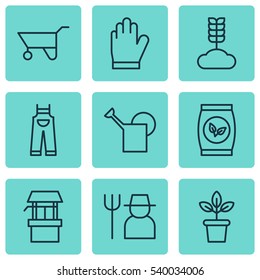 Set Of 9 Gardening Icons. Includes Grower, Flowerpot, Water Source And Other Symbols. Beautiful Design Elements.