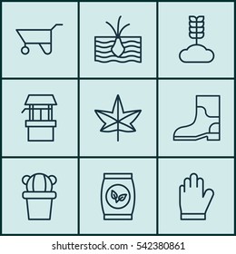 Set Of 9 Gardening Icons. Includes Protection Mitt, Cereal, Growing Plant And Other Symbols. Beautiful Design Elements.