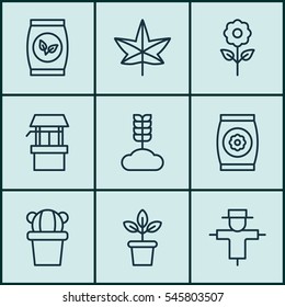 Set Of 9 Gardening Icons. Includes Bugbear, Desert Plant, Fertilizer And Other Symbols. Beautiful Design Elements.