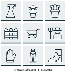 Set Of 9 Gardening Icons. Includes Desert Plant, Garden Clothes, Grower And Other Symbols. Beautiful Design Elements.