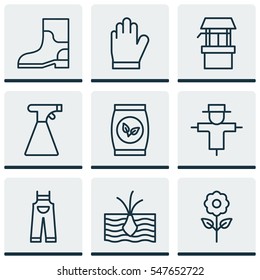 Set Of 9 Gardening Icons. Includes Decorative Plant, Water Source, Protection Mitt And Other Symbols. Beautiful Design Elements.