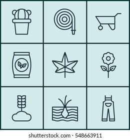 Set Of 9 Gardening Icons. Includes Desert Plant, Autumn Plant, Cereal And Other Symbols. Beautiful Design Elements.
