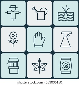 Set Of 9 Gardening Icons. Includes Bugbear, Bailer, Protection Mitt And Other Symbols. Beautiful Design Elements.