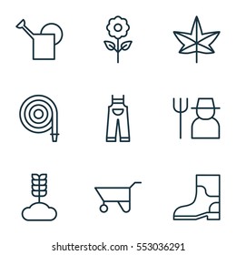 Set Of 9 Gardening Icons. Includes Grower, Cereal, Wheelbarrow And Other Symbols. Beautiful Design Elements.
