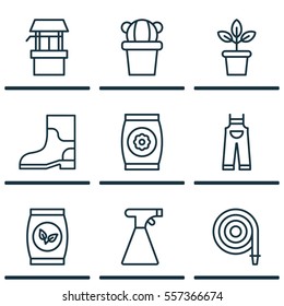 Set Of 9 Gardening Icons. Includes Rubber Boot, Fire Tube, Fertilizer And Other Symbols. Beautiful Design Elements.