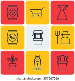 Set Of 9 Gardening Icons. Includes Grower, Garden Clothes, Sprinkler And Other Symbols. Beautiful Design Elements.