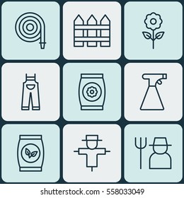 Set Of 9 Gardening Icons. Includes Grains, Sprinkler, Fertilizer And Other Symbols. Beautiful Design Elements.