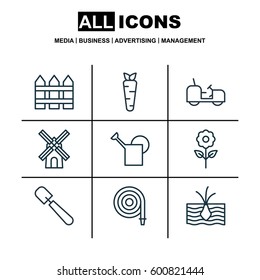 Set Of 9 Gardening Icons. Includes Mill, Bailer, Root And Other Symbols. Beautiful Design Elements.
