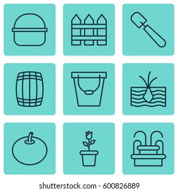 Set Of 9 Gardening Icons. Includes Pail, Package, Floret And Other Symbols. Beautiful Design Elements.