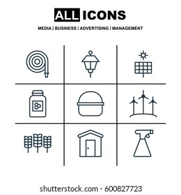 Set Of 9 Gardening Icons. Includes Sun Power, Package, Wheat And Other Symbols. Beautiful Design Elements.