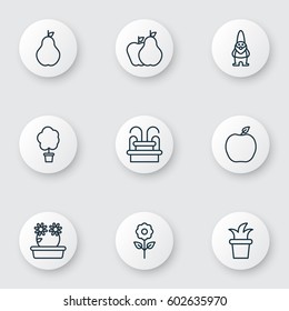 Set Of 9 Gardening Icons. Includes Wood Pot, Duchess, Floweret And Other Symbols. Beautiful Design Elements.