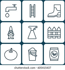 Set Of 9 Gardening Icons. Includes Spigot, Grains, Barrier And Other Symbols. Beautiful Design Elements.