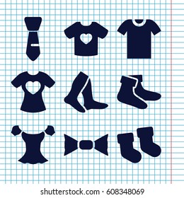 Set of 9 garment filled icons such as baby socks, socks, blouse, bow tie, tie, t-shirt with heart