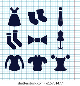 Set of 9 garment filled icons such as baby socks, dress, mannequin, socks, blouse, bow tie
