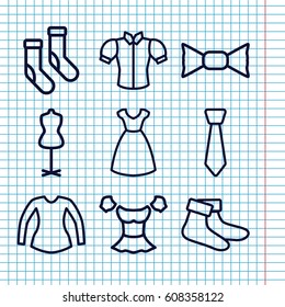 Set of 9 garment outline icons such as dress, mannequin, socks, blouse, bow tie