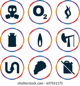 set of 9 gas filled icons such as canister, pipe, smoke, flame, oil derrick, gas mask, no oil