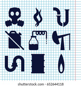 Set of 9 gas filled icons such as canister, pipe, barrel, smoke, flame, oil derrick, gas mask