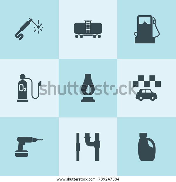 Set of 9 gas filled icons\
such as car oil, gas station, taxi, cistern, pipe, drill, welding,\
oxygen