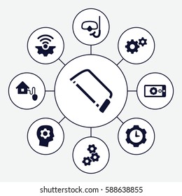 Set of 9 gear filled icons such as gear, hacksaw, smart home