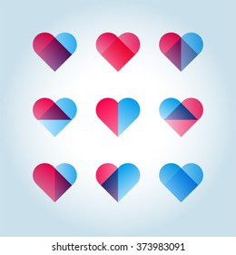 Conjunto de 9 corazones geométricos de color rojo azul