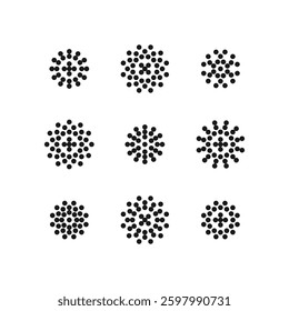 Set of 9 geometric figure. Abstract minimalistic geometric composition from black circles. Modern design element of style and graphic geometric figure.