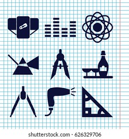 Set of 9 geometric filled icons such as diaper, hair dryer, champagne and wine glasses, compass, equalizer, atom, triangle