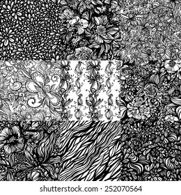 The set of 9 geometric monochromatic abstract zentangle seamless patterns