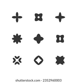 Set of 9 geometric shape - stars, rhombus, flower bud, clover, four-leaf flower. Modern linear design sign.