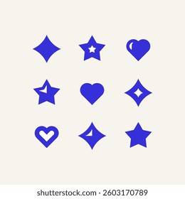 Set of 9 geometric shape - stars, rhombus and heart. Modern linear design sign.
