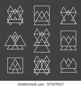 Set of 9 geometric shapes triangles, squares and lines for your design. Trendy hipster logotypes. Ethnic symbols, tattoo. Vector illustration