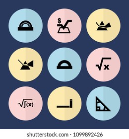 Set of 9 geometry filled icons such as mathematical square, protractor, square root, triangle, intersection