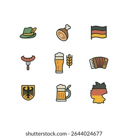 Set of 9 Germany icons, flag and national symbols. Simple cartoon style illustration.
