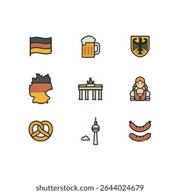 Set of 9 Germany icons, flag and national symbols. Simple cartoon style illustration.