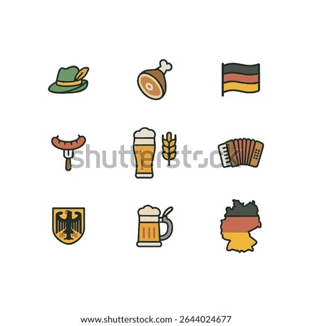 Set of 9 Germany icons, flag and national symbols. Simple cartoon style illustration.