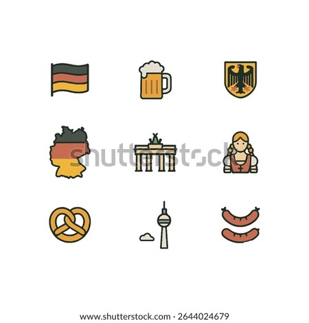 Set of 9 Germany icons, flag and national symbols. Simple cartoon style illustration.