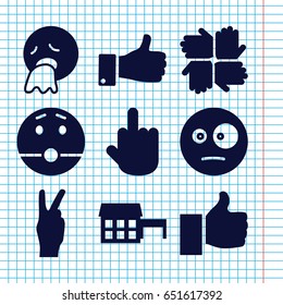 Set of 9 gesture filled icons such as surprised emot, vomiting emot, middle finger, thumb up, peace, house