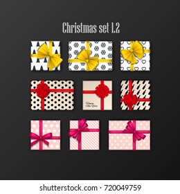 Set of 9 gift boxes with bows for decoration banner, poster, card. Collection of holidays elements - New Year, Christmas, Valentine, Womens day or Birthday. Vector illustration pack