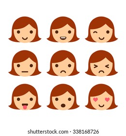 Set of 9 girl emoticons, simple and expressive cartoon female faces. Modern flat vector style.