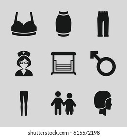 set of 9 girl filled icons such as sport bra, woman pants, skirt, swing, woman, nurse, face