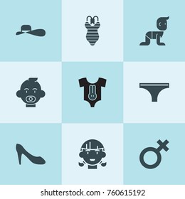 Set of 9 girl filled icons such as baby, female sign, girl, woman underwear, baby clothing, women shoes, swimwear