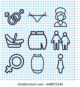 Set of 9 girl outline icons such as baby basket, female, woman, panties with heart, skirt, male and female, nurse