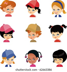 Set of 9 Girls Cartoon Portrait - A collection of varied cartoon avatars.