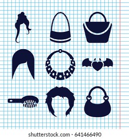 Set of 9 glamour filled icons such as hair brush, woman hairstyle, woman bag, hairstyle, bag, devil heart with wings