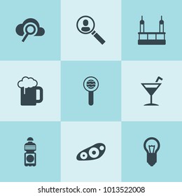 Set of 9 glass filled icons such as front car light, skycrapers cleaning, user search, bulb, sea search, search cloud, bottle, beer