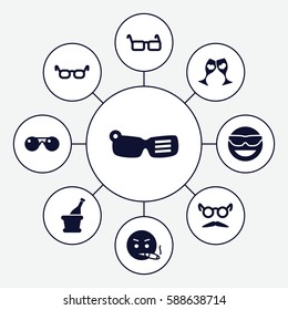 Set of 9 glasses filled icons such as mustache and glasses, emot in sun glasses, smoking emot