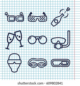 Set of 9 glasses outline icons such as glasses, champagne, sunglasses