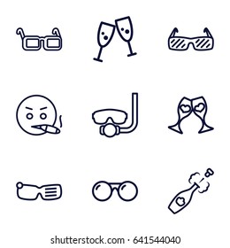 Set of 9 glasses outline icons such as clink glasses, champagne, smoking emot