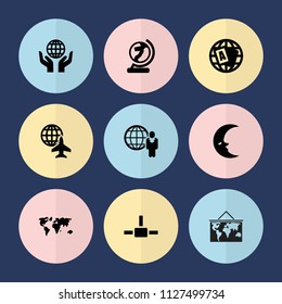 Set of 9 global filled icons such as globe, world map, sphere, globe and plane