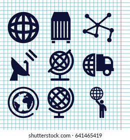 Set of 9 global filled icons such as globe, cargo container, connection, satellite, man holding globe, planet