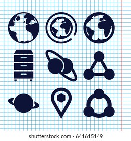Set of 9 global filled icons such as globe, location, nightstand, connection, planet, planet and satellite